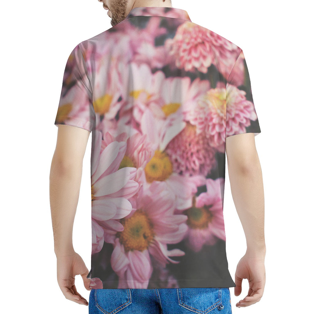 Pink Flowers Print Men's Polo Shirt