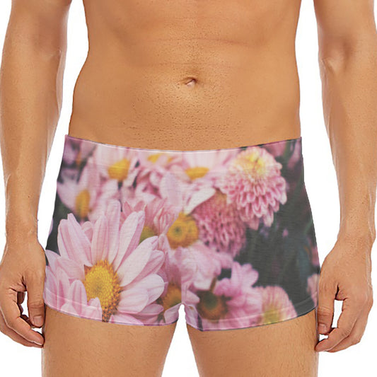 Pink Flowers Print Men's Short Boxer Briefs