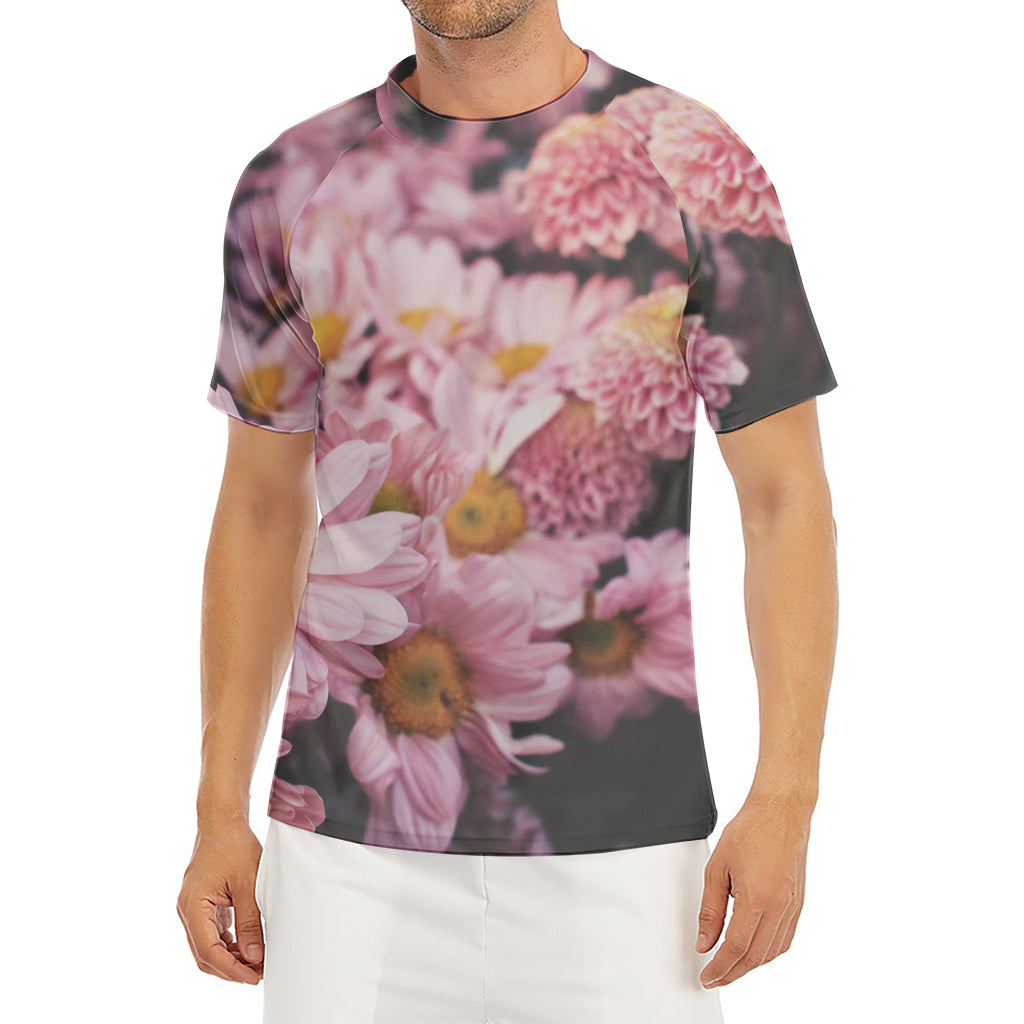 Pink Flowers Print Men's Short Sleeve Rash Guard