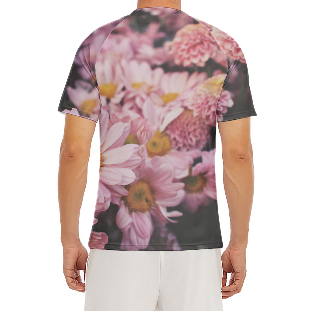 Pink Flowers Print Men's Short Sleeve Rash Guard