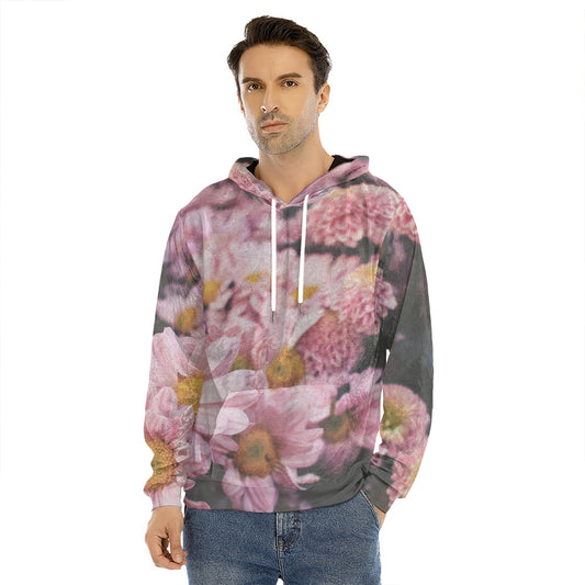 Pink Flowers Print Men's Velvet Pullover Hoodie