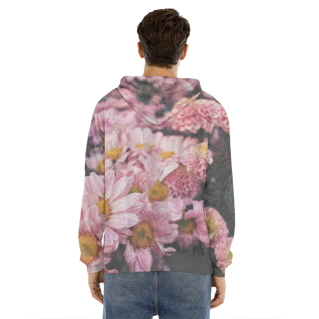 Pink Flowers Print Men's Velvet Pullover Hoodie