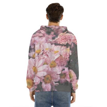 Pink Flowers Print Men's Velvet Pullover Hoodie