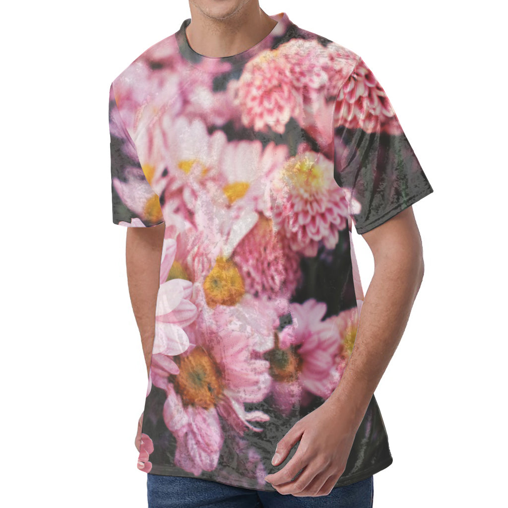 Pink Flowers Print Men's Velvet T-Shirt