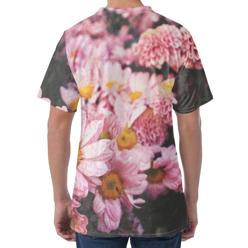 Pink Flowers Print Men's Velvet T-Shirt
