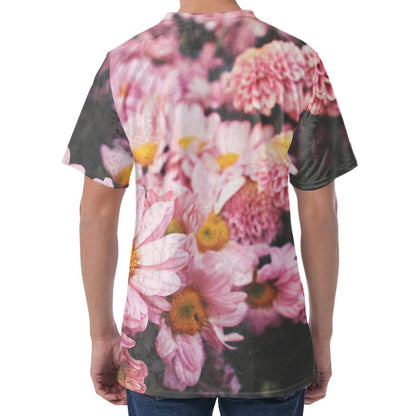 Pink Flowers Print Men's Velvet T-Shirt