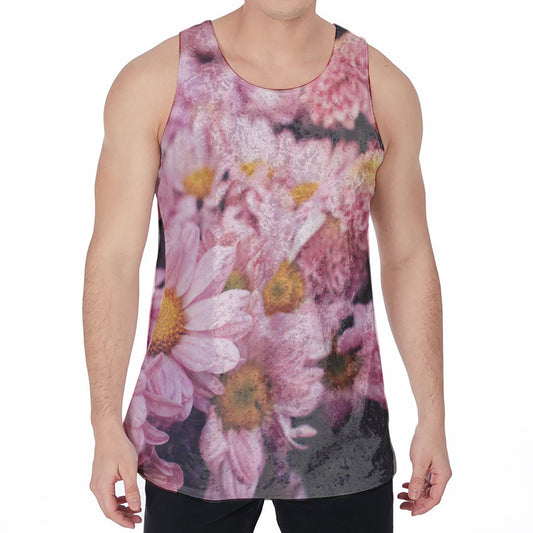 Pink Flowers Print Men's Velvet Tank Top