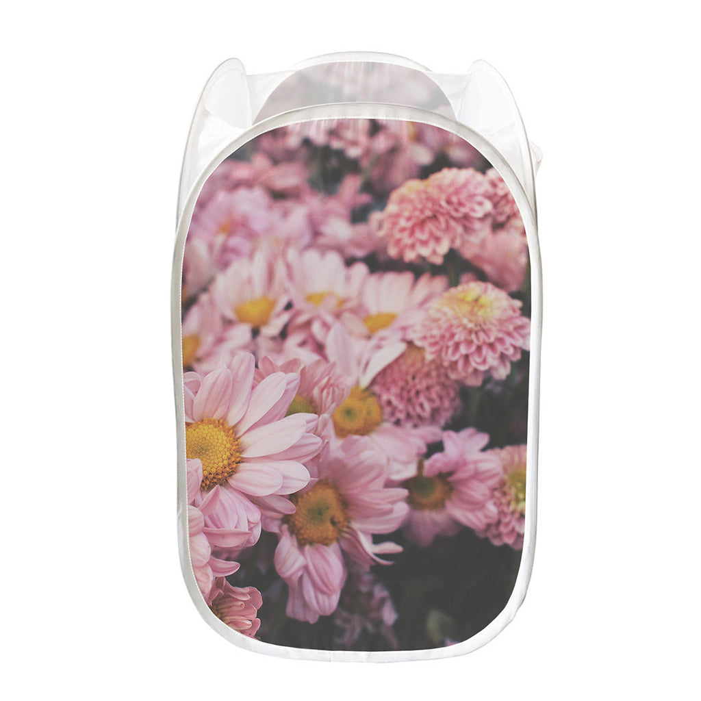 Pink Flowers Print Mesh Laundry Hamper
