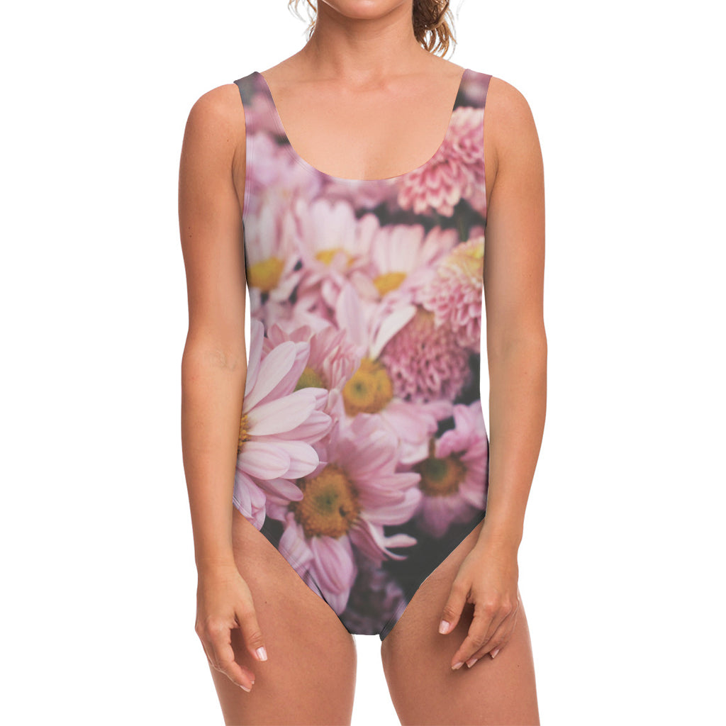 Pink Flowers Print One Piece Swimsuit