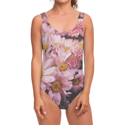 Pink Flowers Print One Piece Swimsuit
