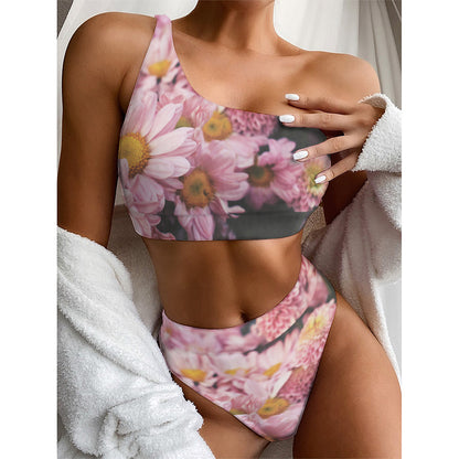 Pink Flowers Print One Shoulder Bikini Top