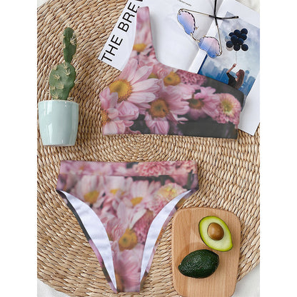 Pink Flowers Print One Shoulder Bikini Top