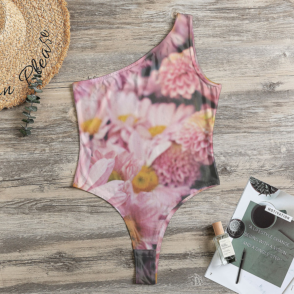 Pink Flowers Print One Shoulder Bodysuit