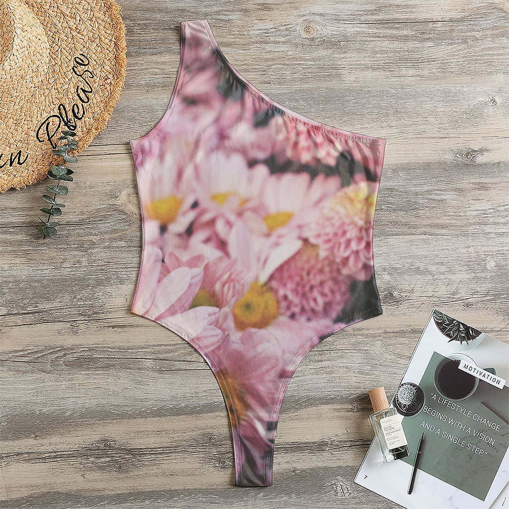 Pink Flowers Print One Shoulder Bodysuit