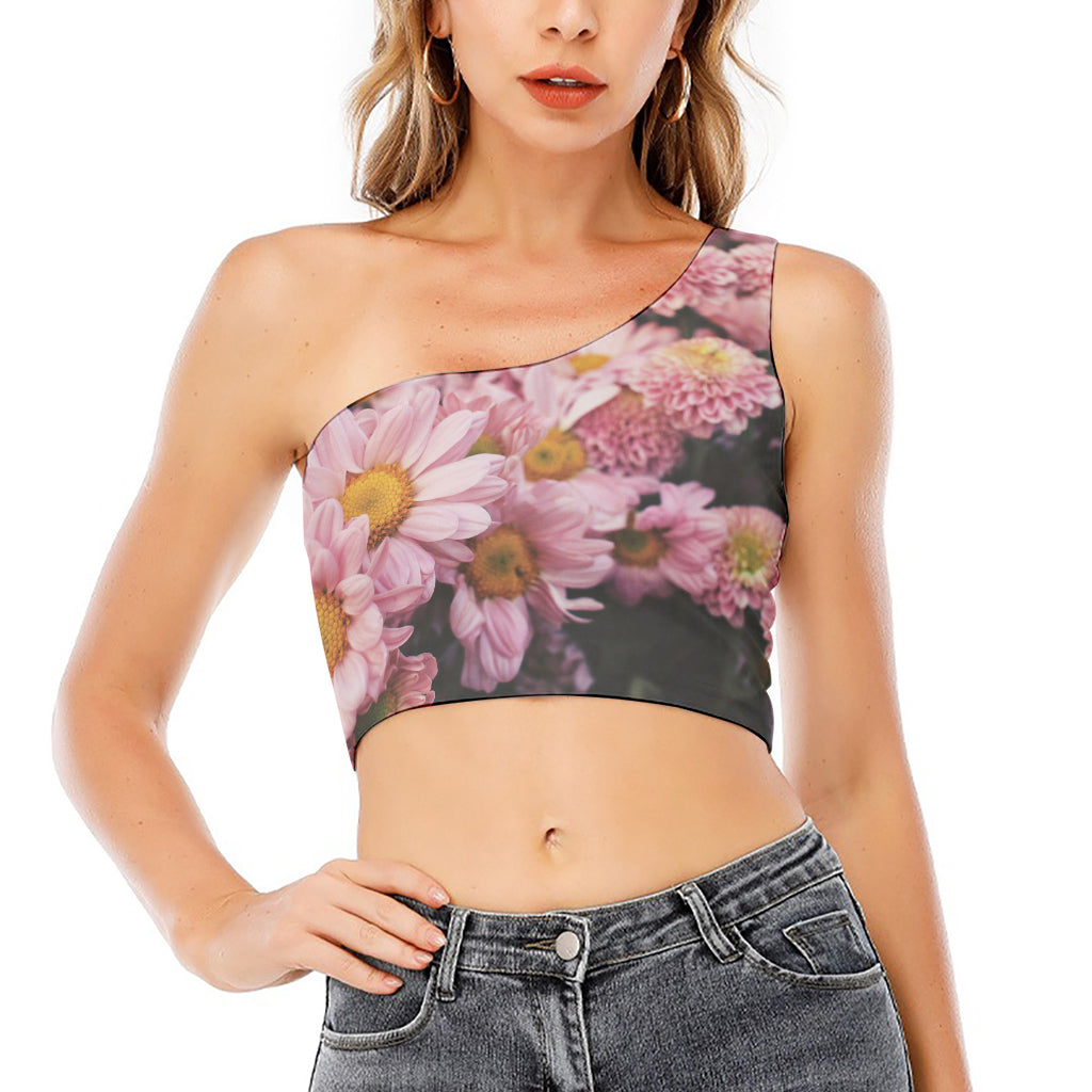 Pink Flowers Print One Shoulder Crop Top