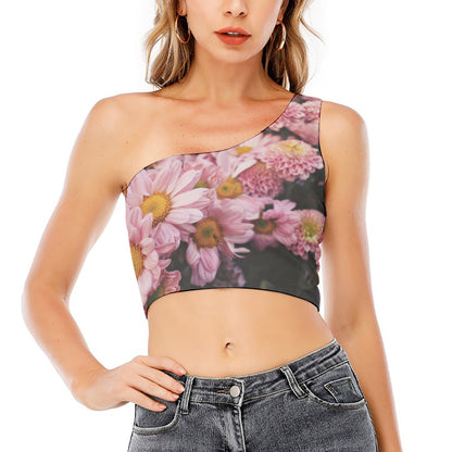 Pink Flowers Print One Shoulder Crop Top