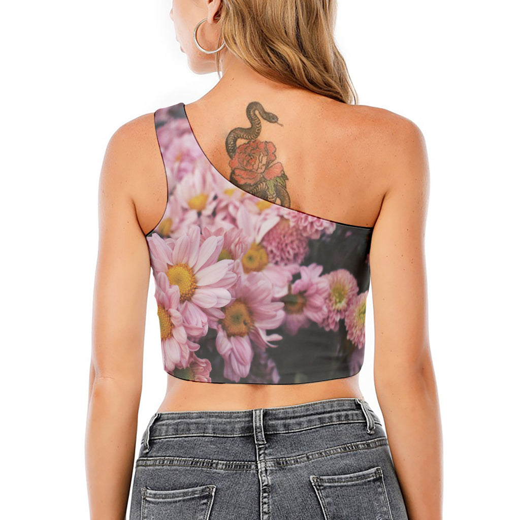 Pink Flowers Print One Shoulder Crop Top