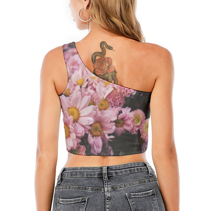 Pink Flowers Print One Shoulder Crop Top