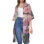 Pink Flowers Print Open Front Beach Cover Up
