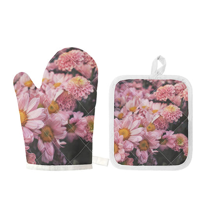 Pink Flowers Print Oven Mitt And Pot Holder Set