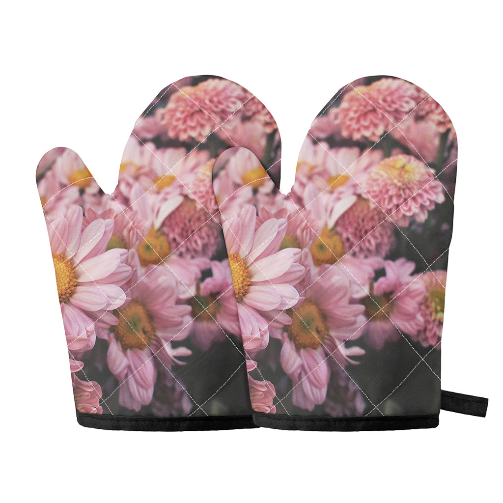 Pink Flowers Print Oven Mitts