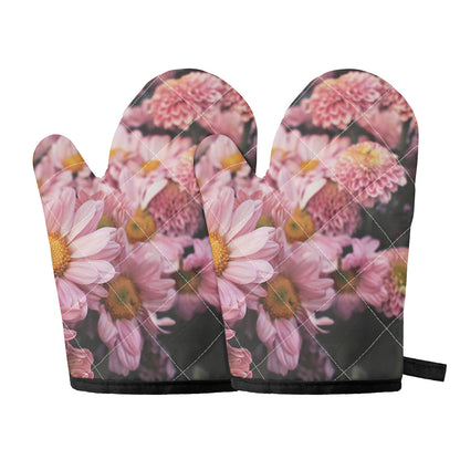 Pink Flowers Print Oven Mitts