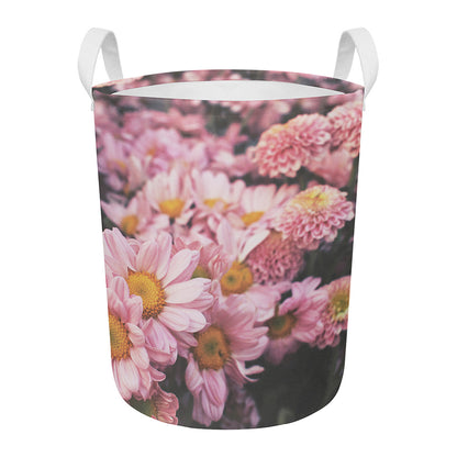 Pink Flowers Print Round Laundry Basket