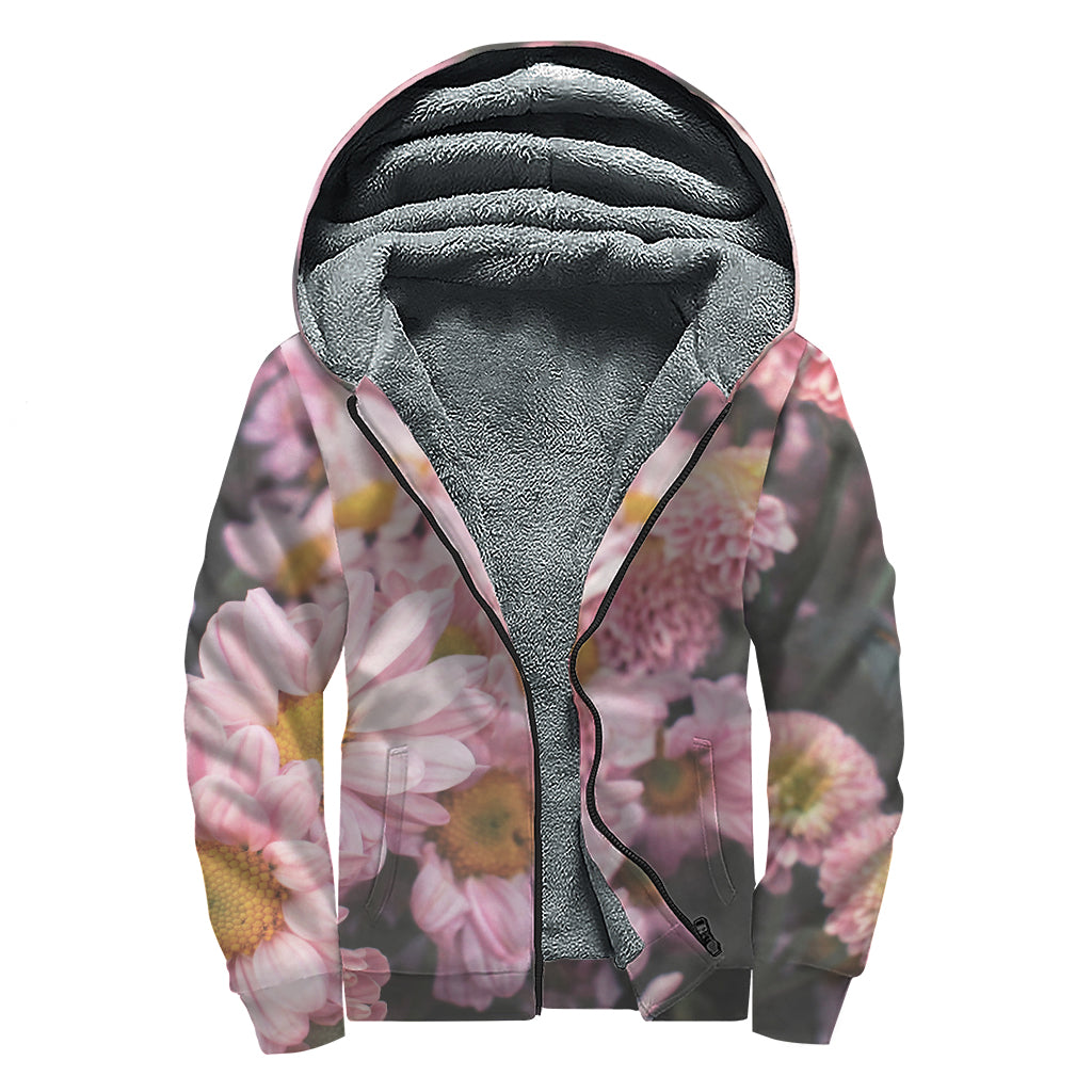 Pink Flowers Print Sherpa Lined Zip Up Hoodie
