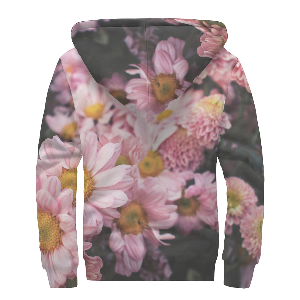 Pink Flowers Print Sherpa Lined Zip Up Hoodie