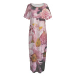 Pink Flowers Print Short Sleeve Long Nightdress
