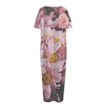 Pink Flowers Print Short Sleeve Long Nightdress