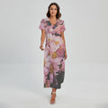 Pink Flowers Print Short Sleeve Maxi Dress