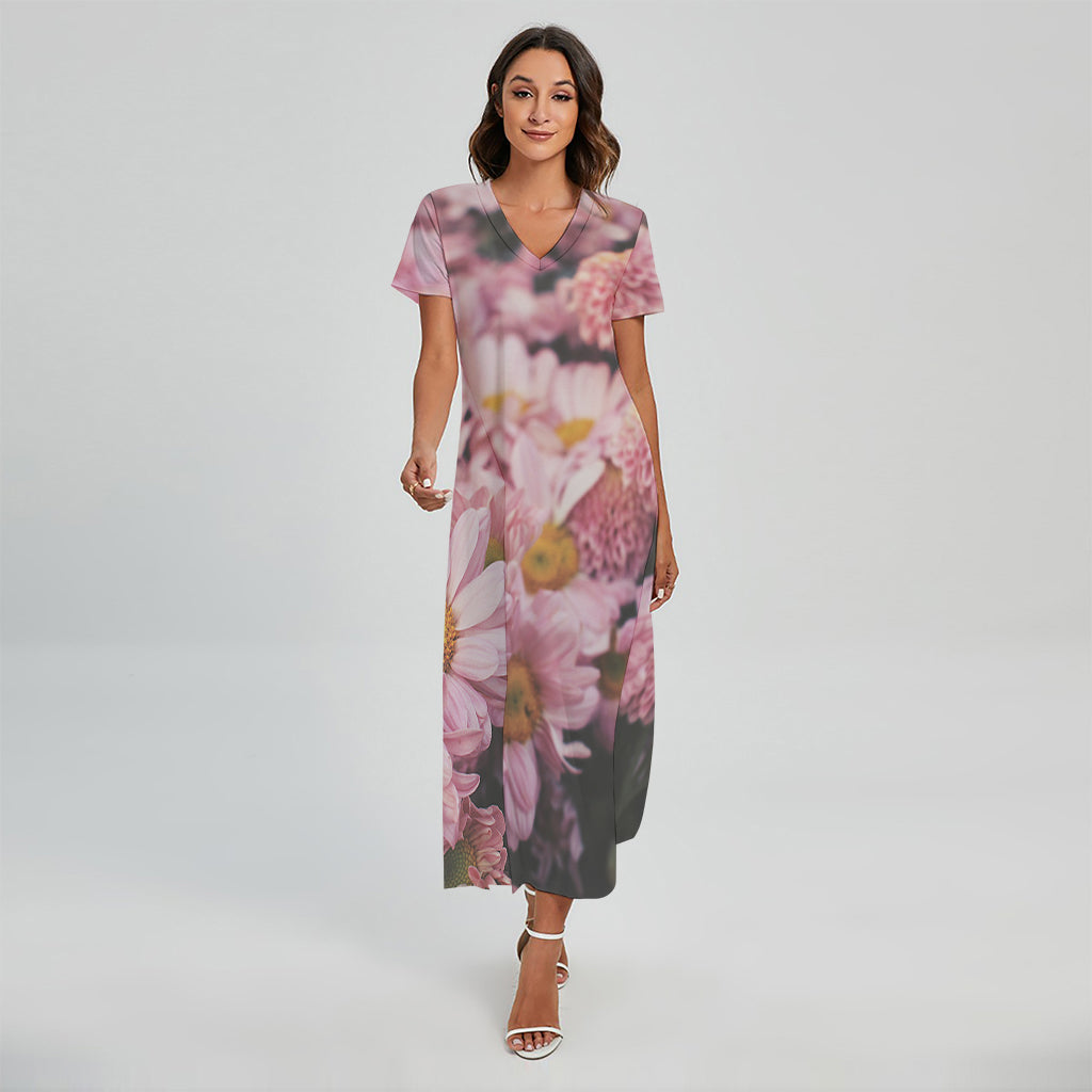 Pink Flowers Print Short Sleeve Maxi Dress