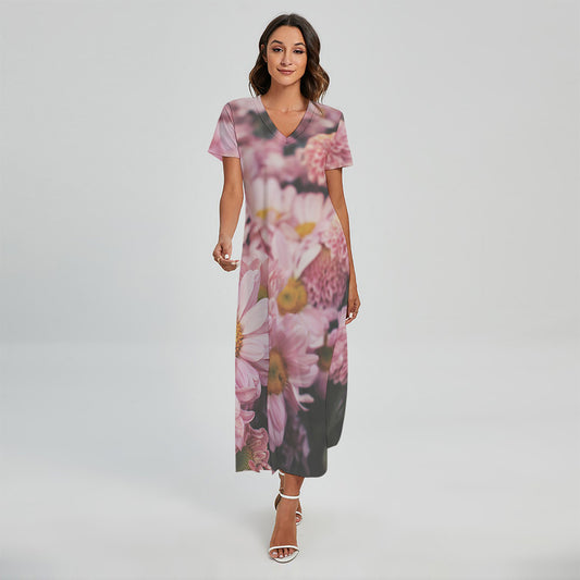 Pink Flowers Print Short Sleeve Maxi Dress