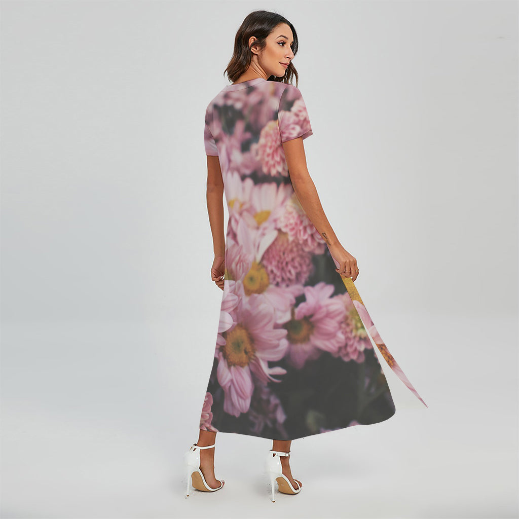 Pink Flowers Print Short Sleeve Maxi Dress