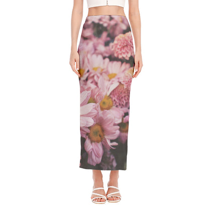 Pink Flowers Print Side Slit Maxi Skirt