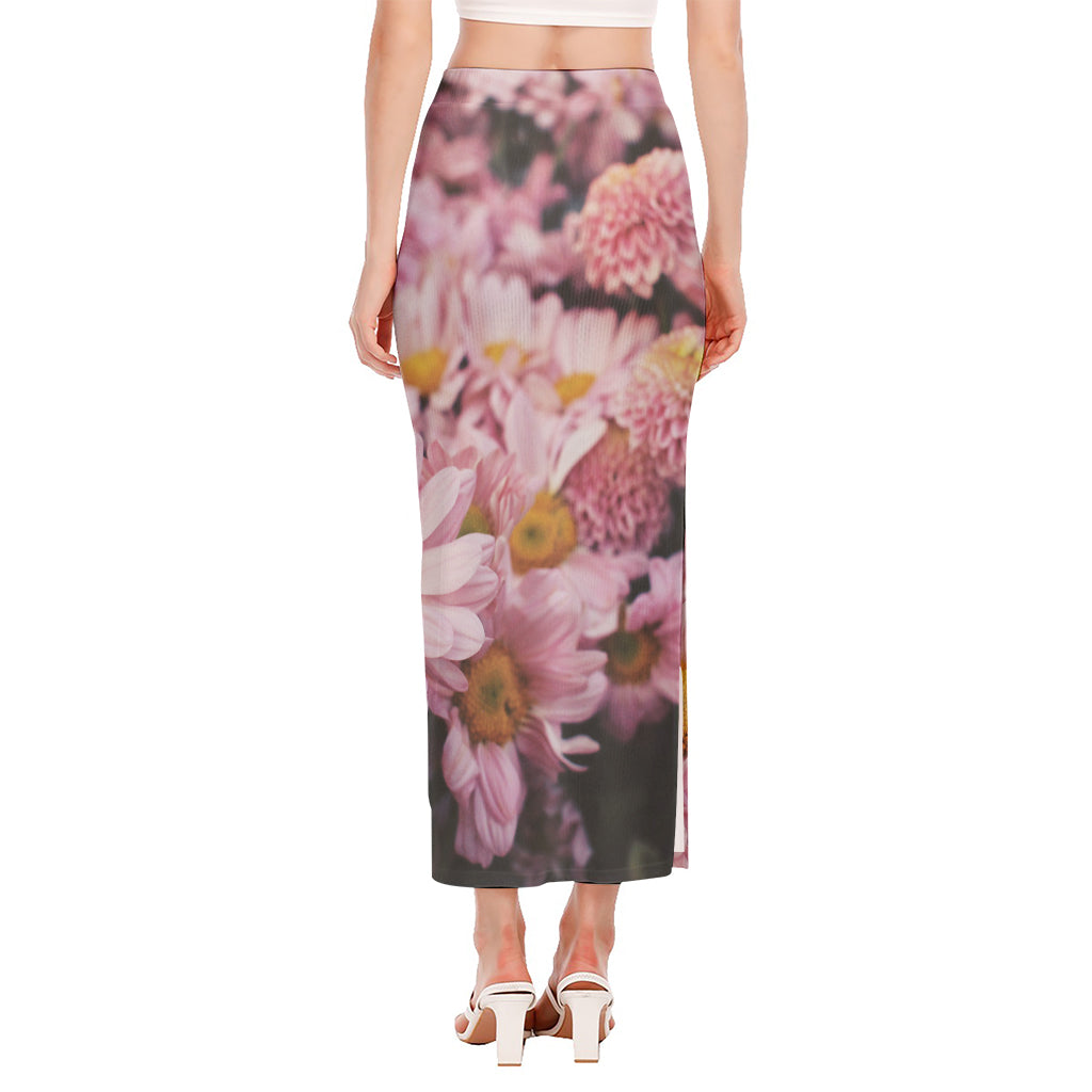Pink Flowers Print Side Slit Maxi Skirt
