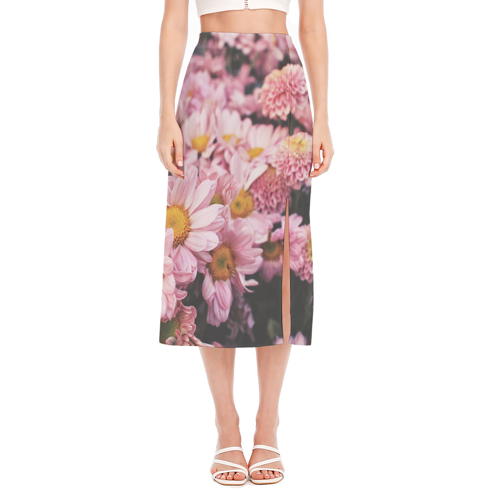 Pink Flowers Print Side Slit Midi Skirt
