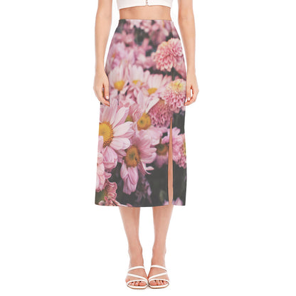 Pink Flowers Print Side Slit Midi Skirt