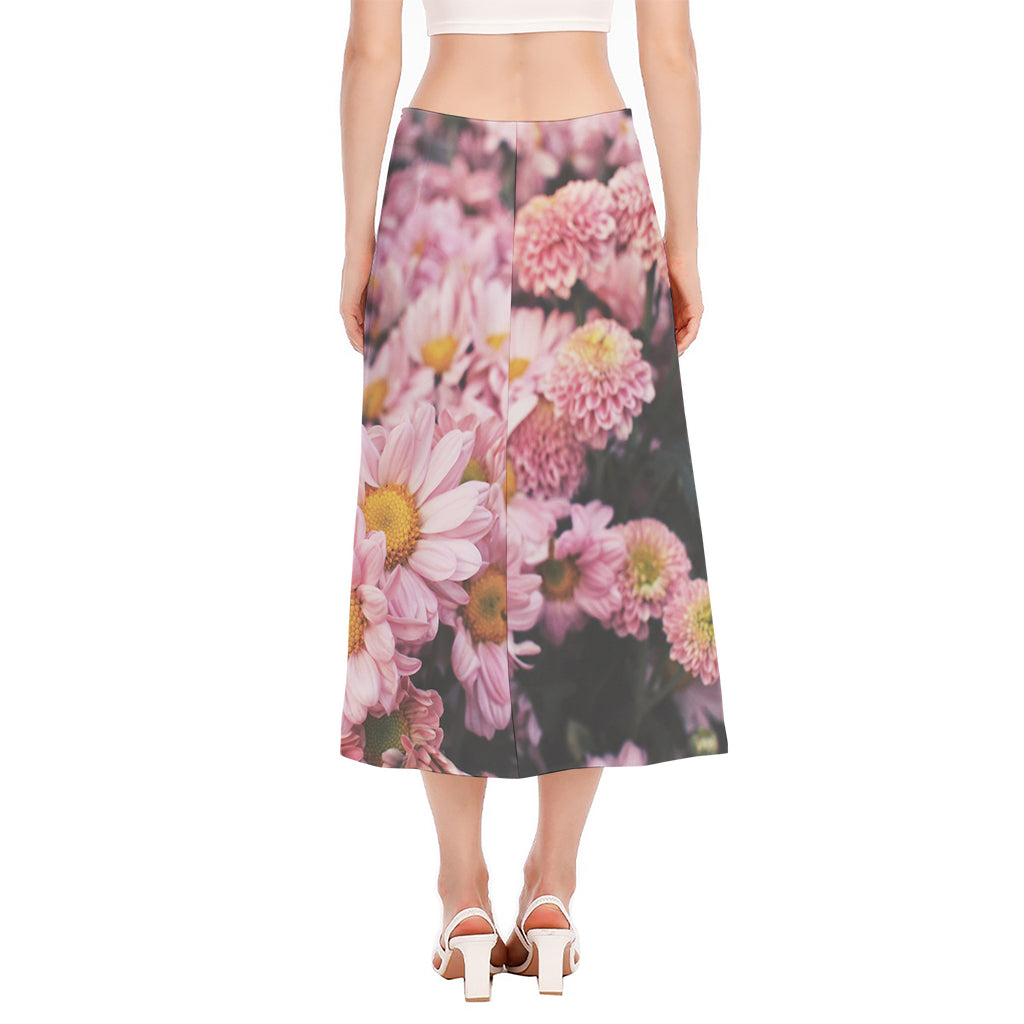 Pink Flowers Print Side Slit Midi Skirt