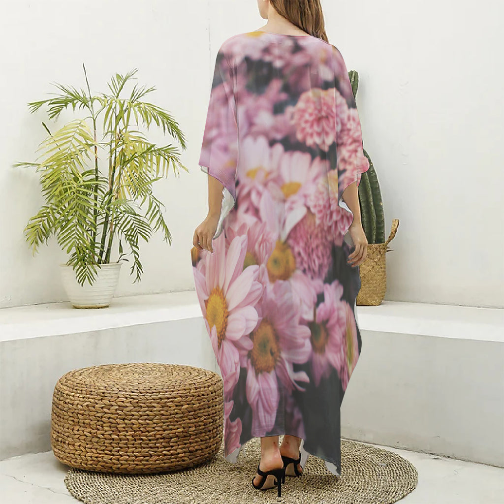 Pink Flowers Print Silk V-Neck Kaftan Dress