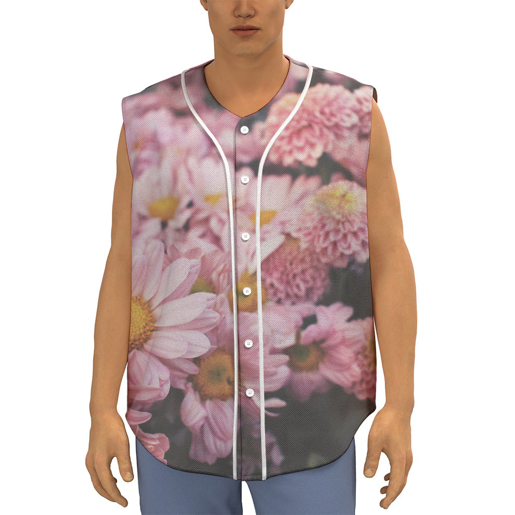 Pink Flowers Print Sleeveless Baseball Jersey