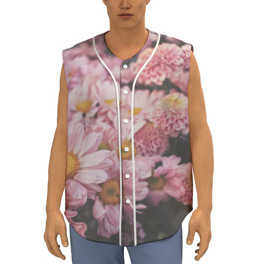 Pink Flowers Print Sleeveless Baseball Jersey