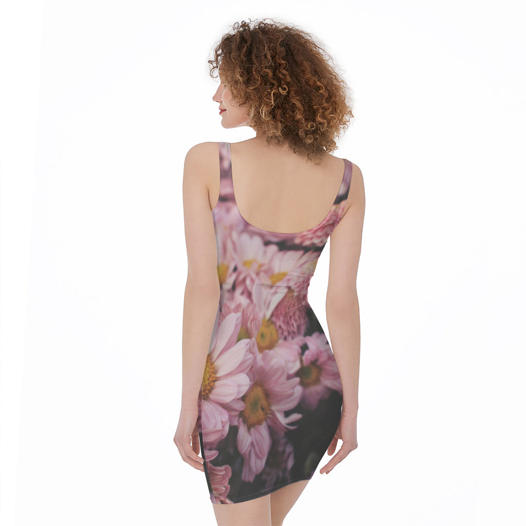 Pink Flowers Print Sleeveless Bodycon Dress