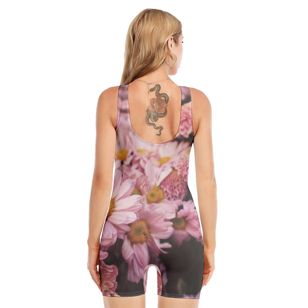 Pink Flowers Print Sleeveless One Piece Swimsuit