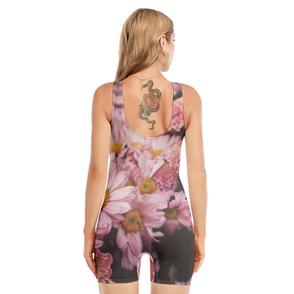 Pink Flowers Print Sleeveless One Piece Swimsuit
