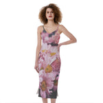 Pink Flowers Print Slim Fit Midi Cami Dress