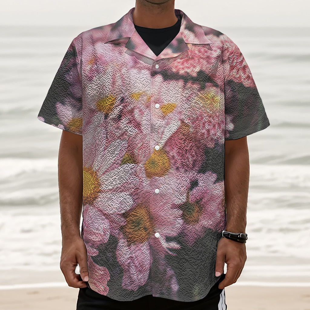 Pink Flowers Print Textured Short Sleeve Shirt