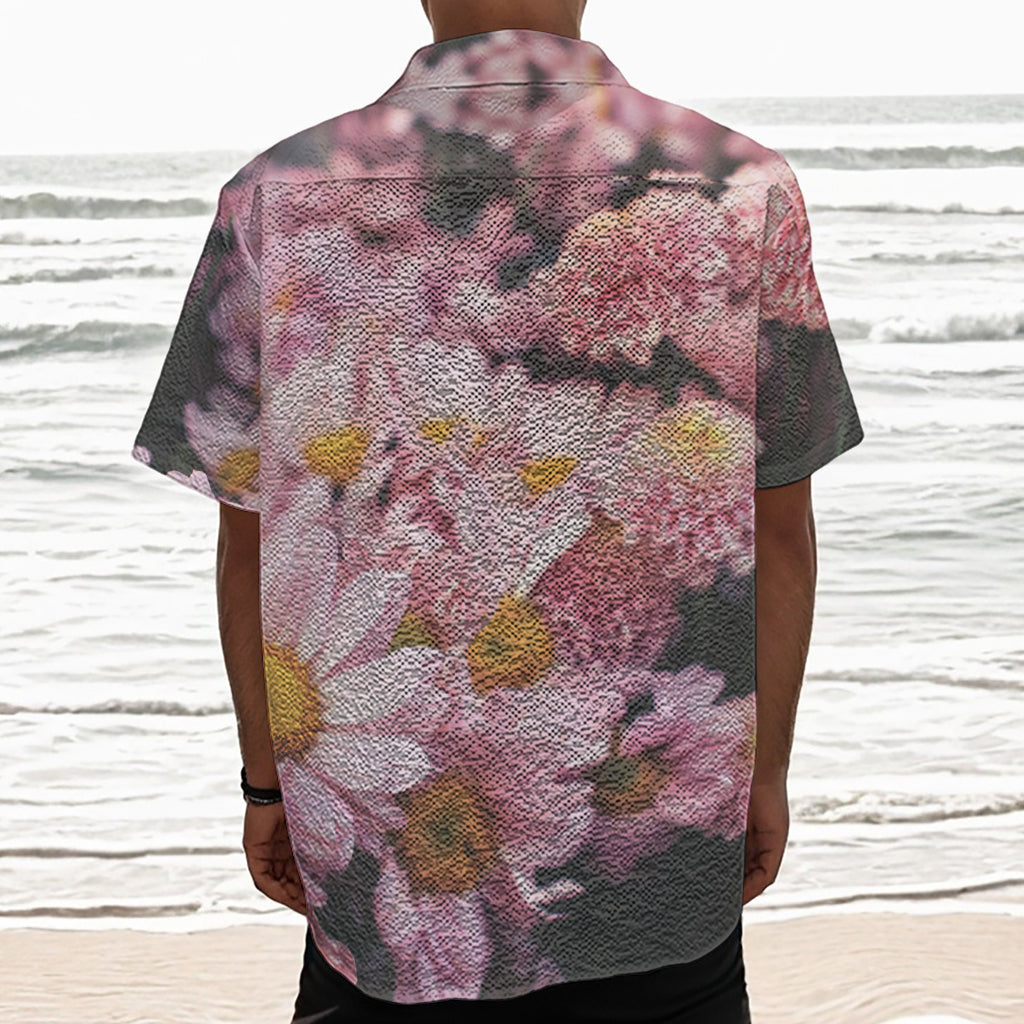 Pink Flowers Print Textured Short Sleeve Shirt