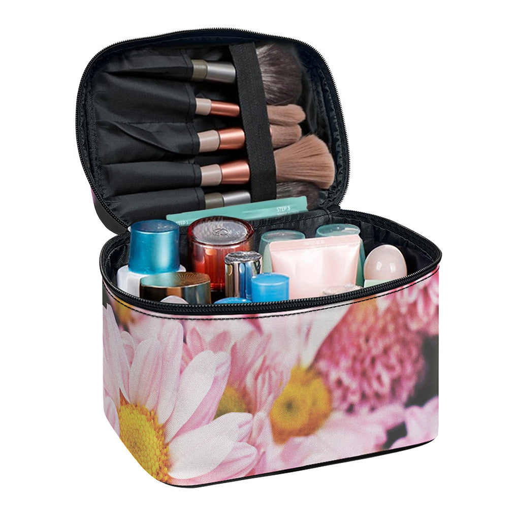 Pink Flowers Print Travel Makeup Bag